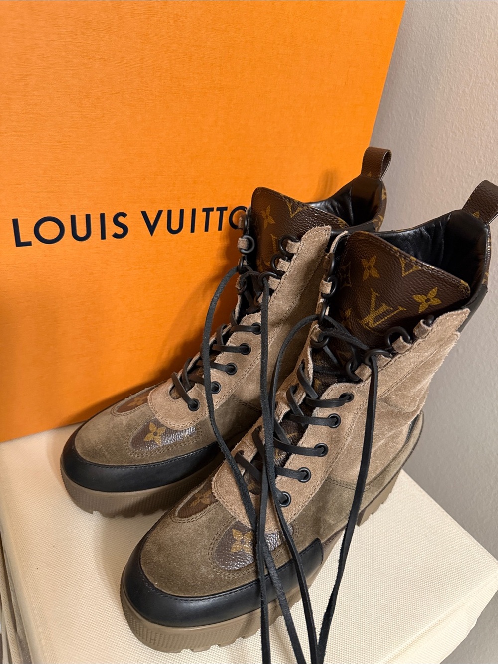 Louis Vuitton Suede & Monogram Platform Desert Boots 38.5